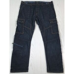 Akoo Cargo Jeans Men 38x30 Dark Blue Cotton Blend Bow Leg Fit Hip Hop Urban